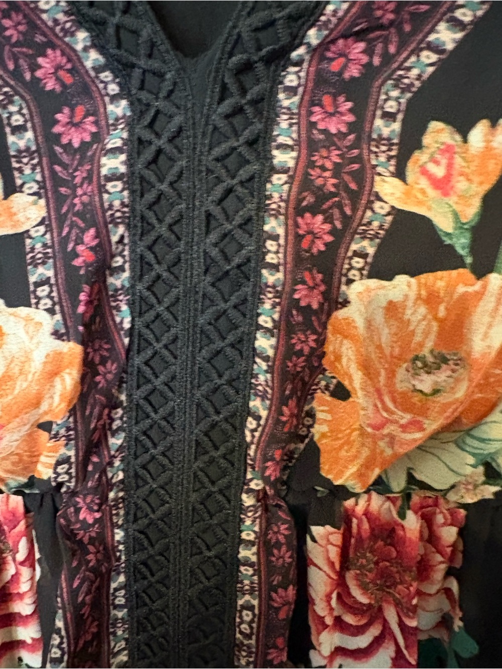 Altar'd State Black Floral V-Neck Tiered Maxi with Pink and Orange Blooms - Picture 4 of 7